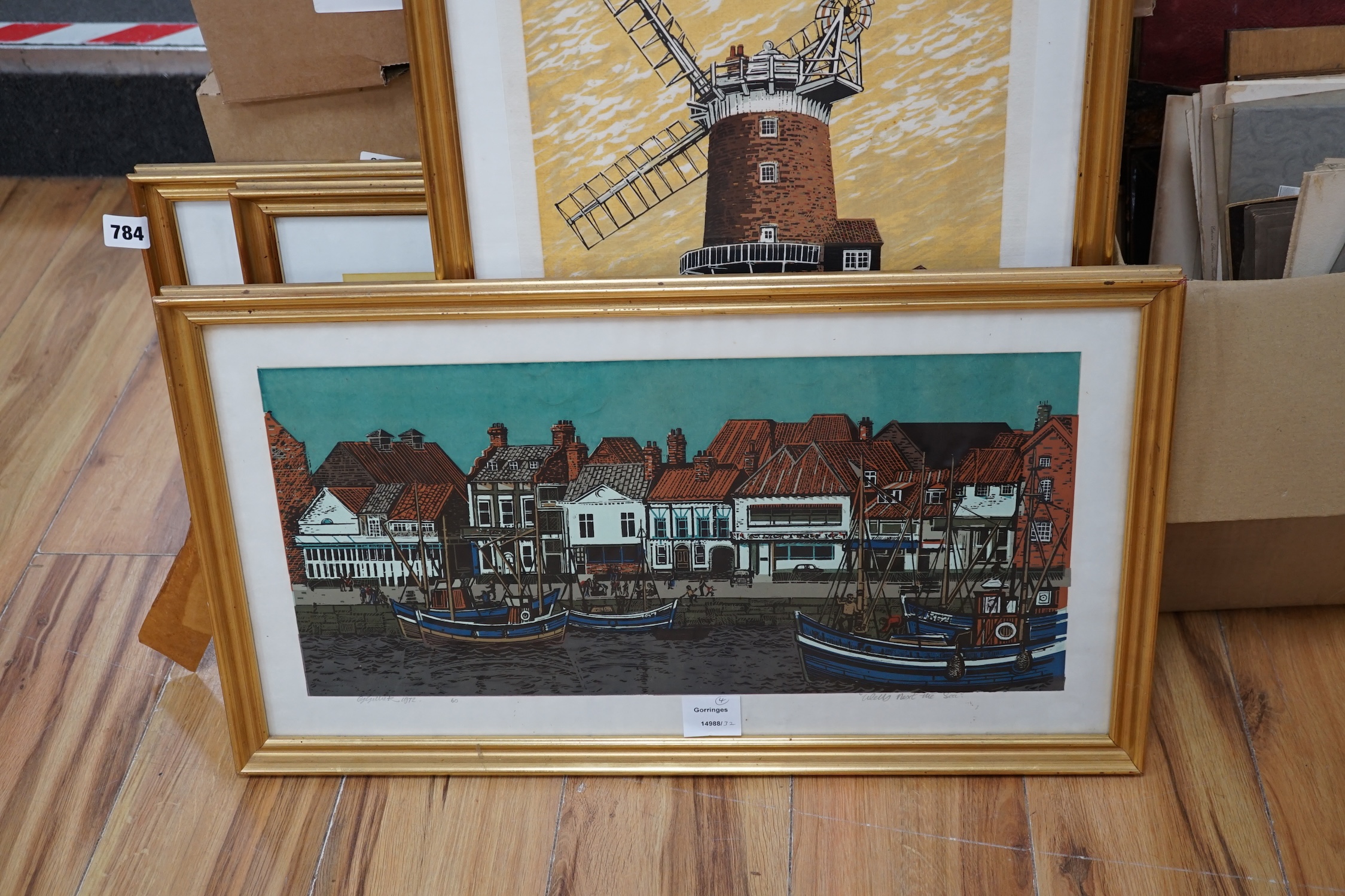 G. Gillick, four colour linocuts including 'Wells Next the Sea', 'Clay Mill', 'Blakeney Quay' and 'White House at Brancaster', each signed in pencil and limited edition, largest 51 x 32cm. Condition - fair